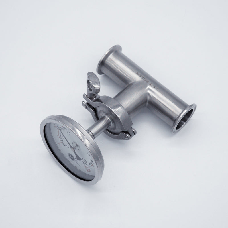 1.5-inch Tri-Clamp Compatible Temperature Gauge with 2-inch Probe. Top view of the gauge inserted into a 1.5-inch Tri-Clamp Tee. Photo Credit: TCfittings.com