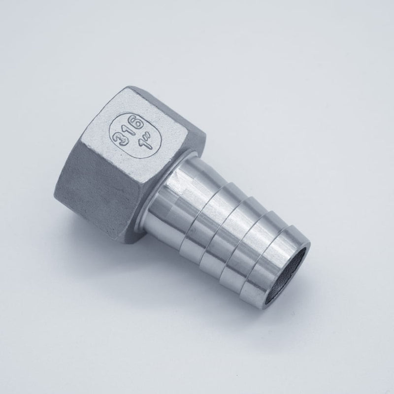 304 Stainless Steel one inch Female NPT to one inch Hose Barb Adapter. Angled to show hose barb. Photo credit: TCfittings.com.
