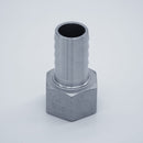 304 Stainless Steel one inch Female NPT to one inch Hose Barb Adapter. Angled to show side profile. Photo credit: TCfittings.com.