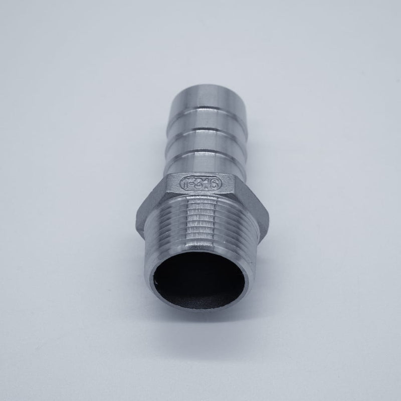 304 Stainless Steel one inch Male NPT to one inch Hose Barb. Angled to show threads. Photo credit: TCfittings.com.