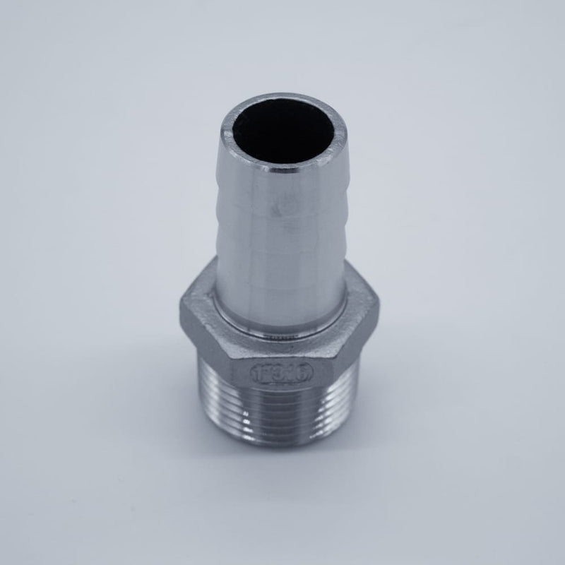 304 Stainless Steel one inch Male NPT to one inch Hose Barb. Side profile. Photo credit: TCfittings.com.