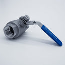 304 Stainless Steel ball valve with one inch Female NPT connections. Angled front view to show threads and handle. Photo credit: TCfittings.com.
