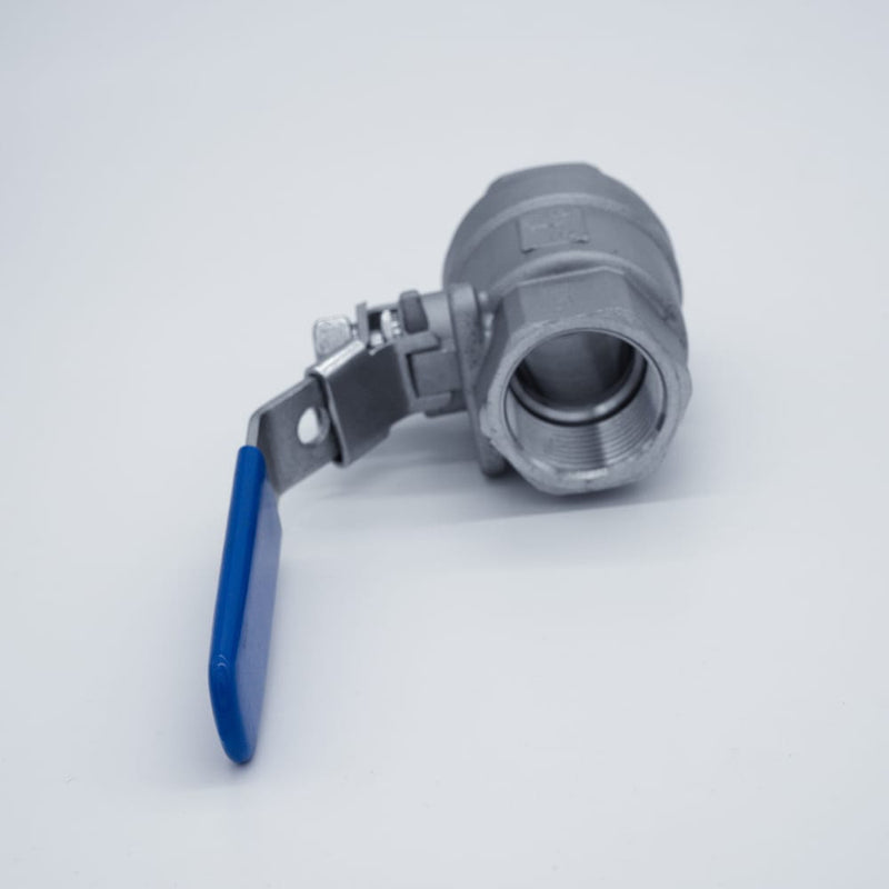 304 Stainless Steel ball valve with one inch Female NPT connections. Bottom angle view of the threads and handle. Photo credit: TCfittings.com.