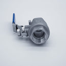 304 Stainless Steel ball valve with one inch Female NPT connections. Top angle view of the threads and handle. Photo credit: TCfittings.com.