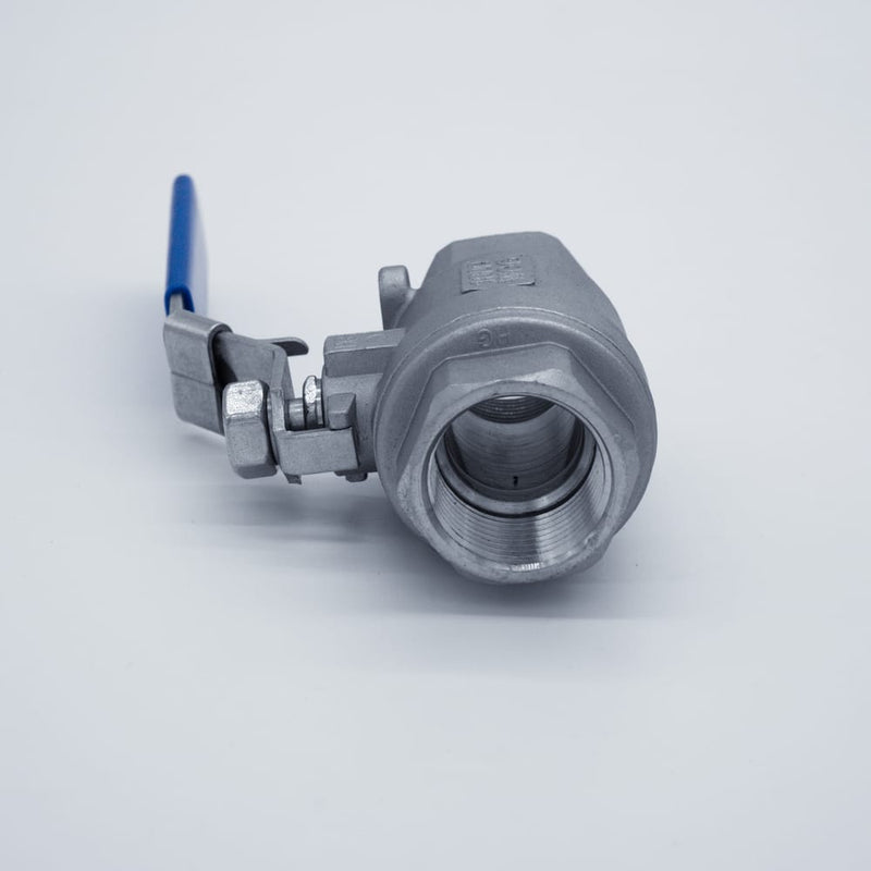 304 Stainless Steel ball valve with one inch Female NPT connections. Top angle view of the threads and handle. Photo credit: TCfittings.com.
