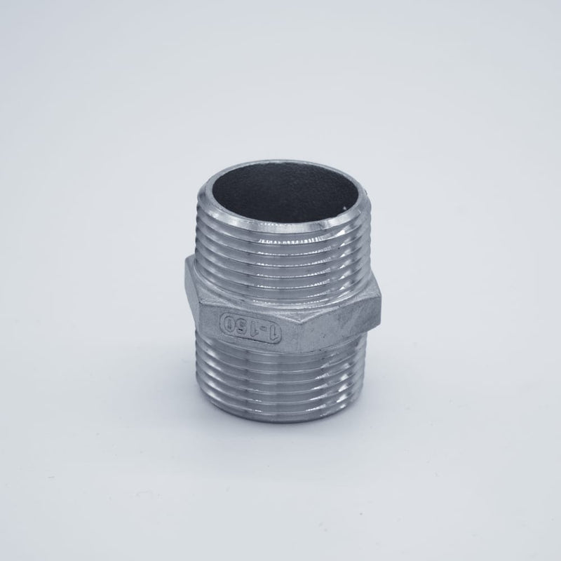 304 Stainless Steel one inch Male NPT Hex Nipple. Side View. Photo credit: TCfittings.com.