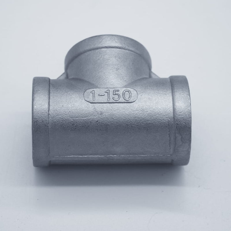 304 Stainless Steel 1 inch Female NPT Tee. Bottom angled view. Photo Credit: TCfittings.com
