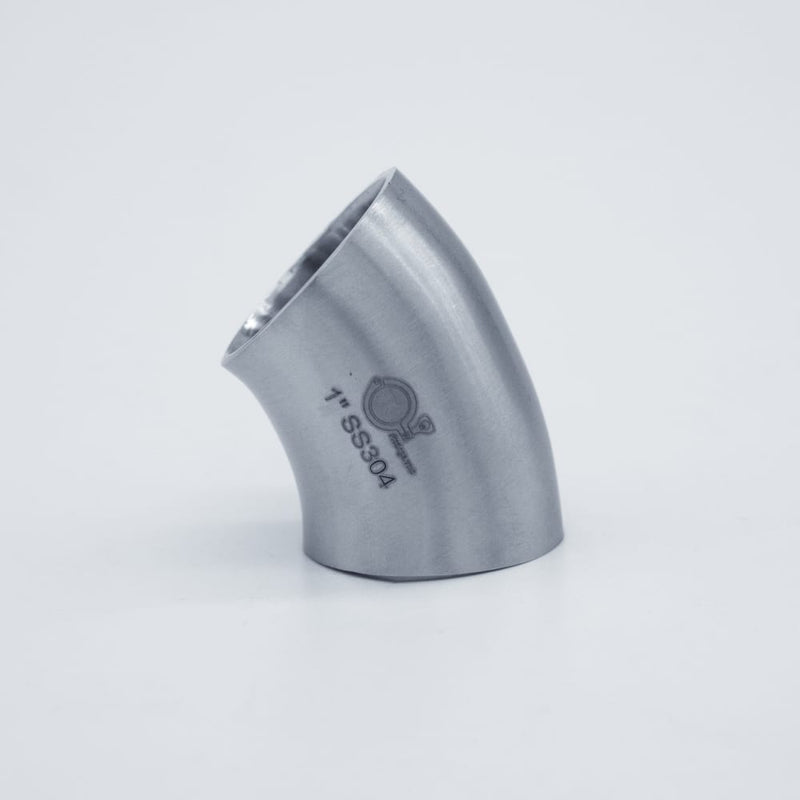 304 Stainless Steel 1 inch Weld 45 degree Elbow. Side view. Photo Credit: TCfittings.com