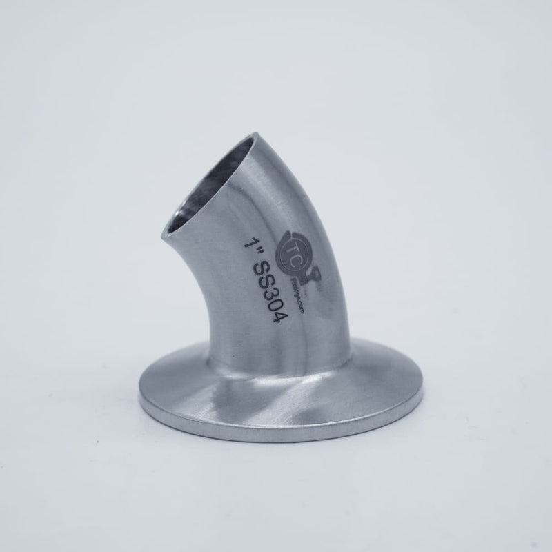 304 Stainless Steel 1 inch Tri-Clamp Compatible 45 degree Elbow. Side view. Photo Credit: TCfittings.com