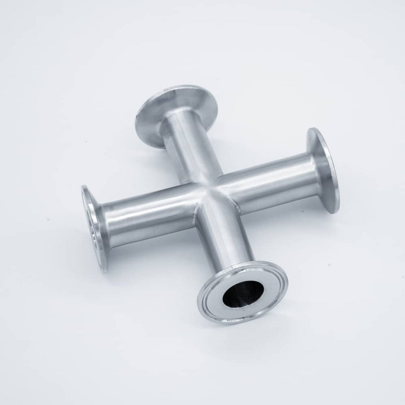 304 Stainless Steel Tri Clamp compatible Cross. Angled view to show Tri-Clamp connections and inner diameter. Photo Credit: TCfittings.com
