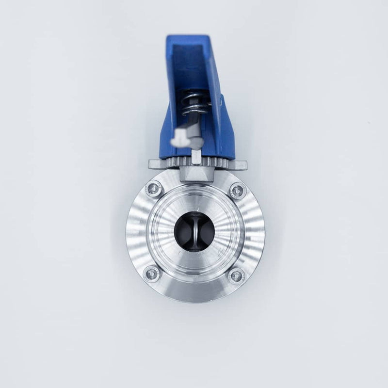 304 Stainless Steel Squeeze Trigger Butterfly Valve with 1 inch Sanitary Tri Clamp Ends. Bottom view. Photo Credit: TCfittings.com