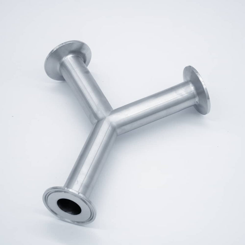 304 Stainless Steel Tri Clamp compatible Wye. Angled view to show Tri-Clamp connections and inner diameter. Photo Credit: TCfittings.com