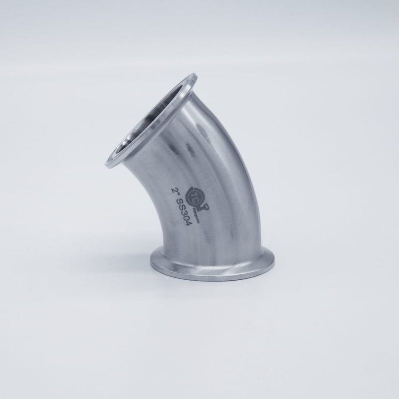 304 Stainless Steel 2 inch Tri-Clamp Compatible 45 degree Elbow. Angled view. Photo Credit: TCfittings.com