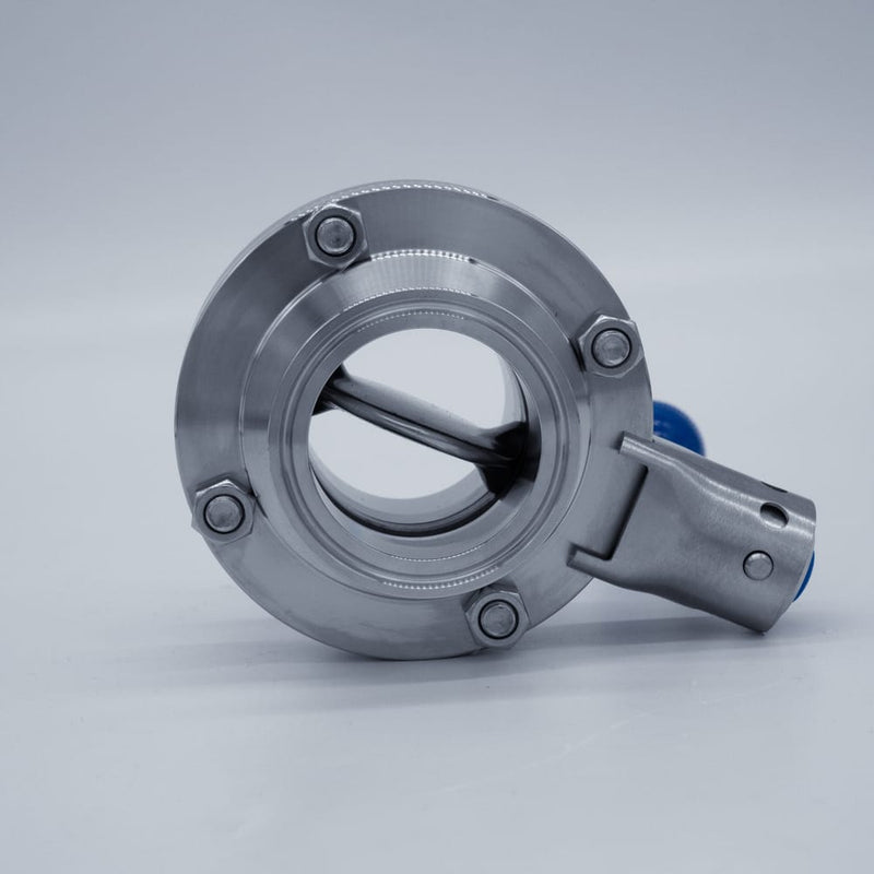 304 Stainless Steel Pull Trigger Butterfly Valve with 2 inch Sanitary Tri Clamp Ends. Bottom view. Photo Credit: TCfittings.com