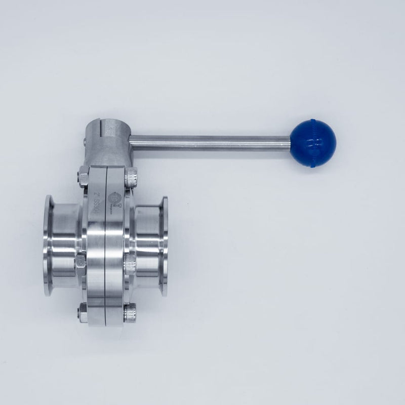 304 Stainless Steel Pull Trigger Butterfly Valve with 2 inch Sanitary Tri Clamp Ends. Side view. Photo Credit: TCfittings.com