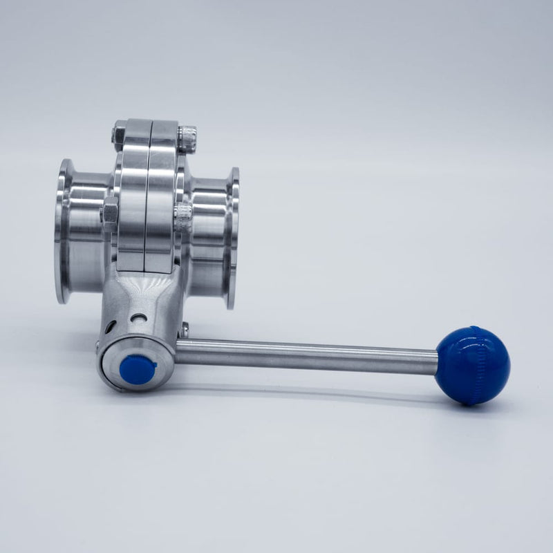 304 Stainless Steel Pull Trigger Butterfly Valve with 2 inch Sanitary Tri Clamp Ends. Top view. Photo Credit: TCfittings.com