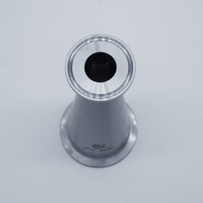 304 Stainless Steel 2 inch to 1 inch Eccentric Reducer. Top angled view. Photo Credit: TCfittings.com