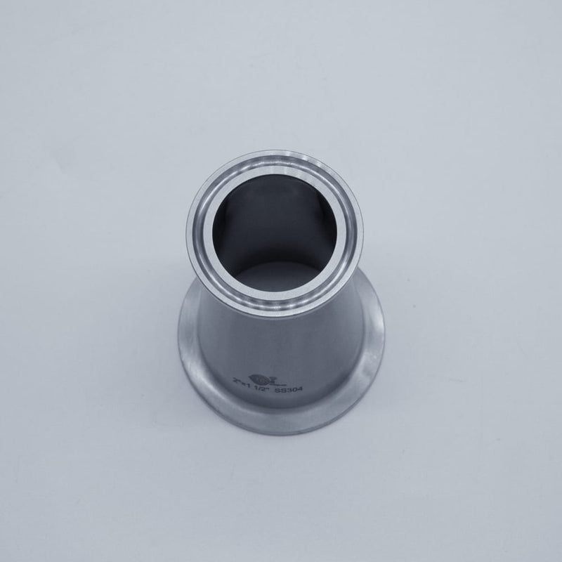 304 Stainless Steel 2 inch to 1.5 inch Eccentric Reducer. Top angled view. Photo Credit: TCfittings.com