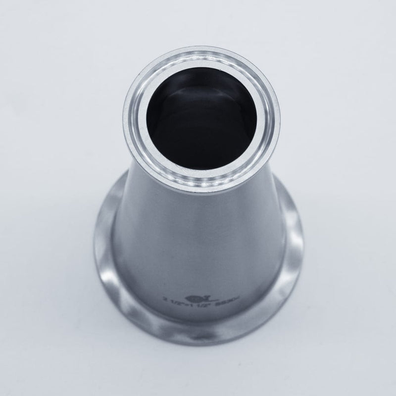 304 Stainless Steel 2.5 inch to 1.5 inch Concentric Reducer. Top angled view. Photo Credit: TCfittings.com