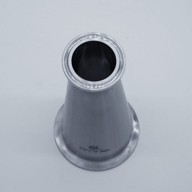 304 Stainless Steel 2.5 inch to 1.5 inch Eccentric Reducer. Top angled view. Photo Credit: TCfittings.com