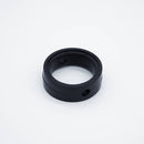 Black EPDM seat replacement seal for a two inch butterfly valve. Angled to display the band width. Photo credit: TCfittings.com.