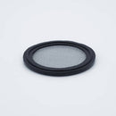 Black EPDM two inch Tri Clamp Gasket with a 20 mesh (841 Micron) screen. Angled view to show thickness. Photo Credit: TCfittings.com