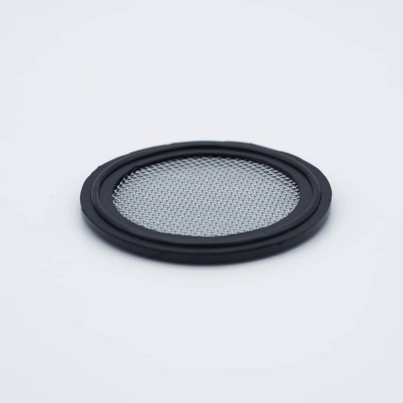 Black EPDM two inch Tri Clamp Gasket with a 20 mesh (841 Micron) screen. Angled view to show thickness. Photo Credit: TCfittings.com