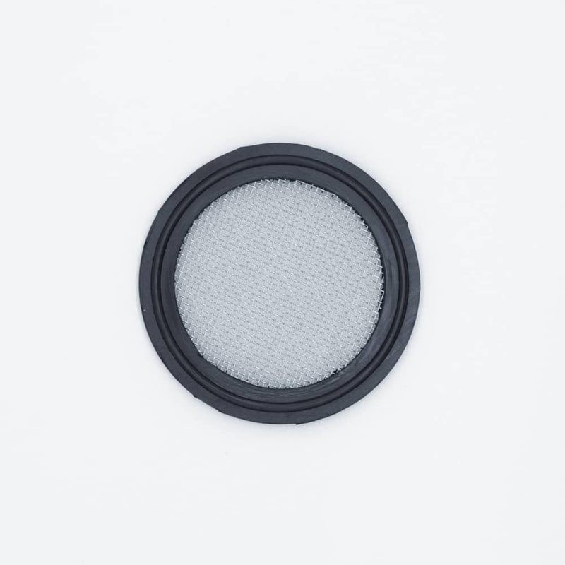 Black EPDM two inch Tri Clamp Gasket with a 20 mesh (841 Micron) screen. Top view to show mesh. Photo credit: TCfittings.com.