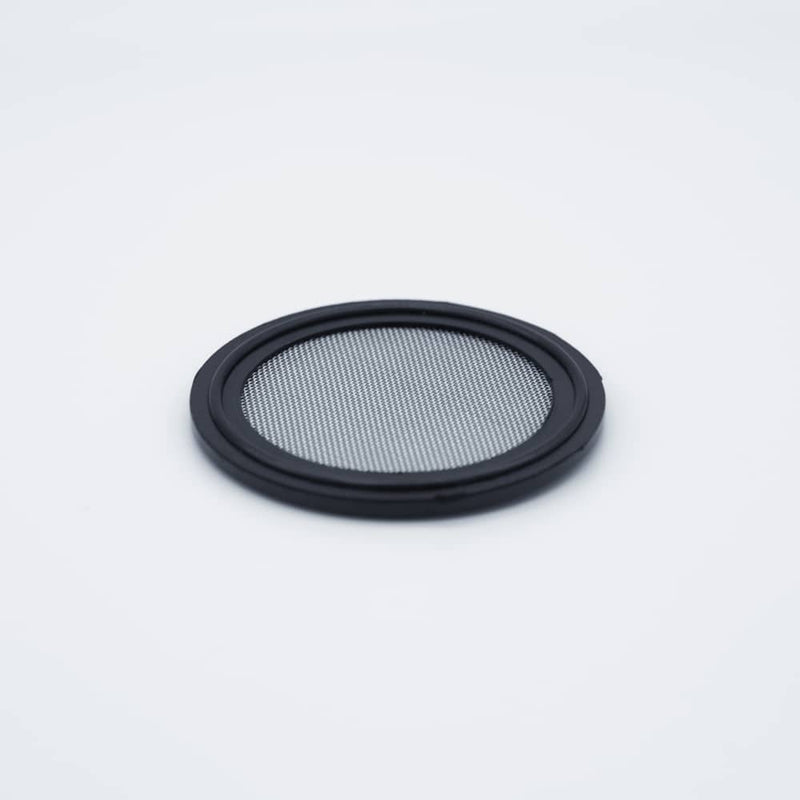 Black EPDM two inch Tri Clamp Gasket with a 40 mesh (400 micron) screen. Angled view to show thickness. Photo Credit: TCfittings.com