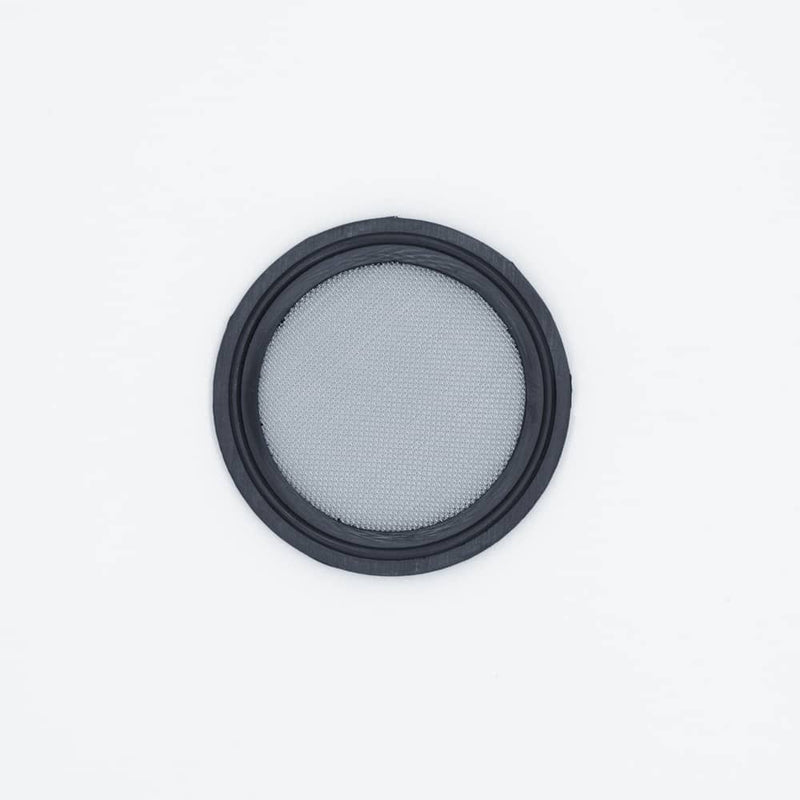 Black EPDM two inch Tri Clamp Gasket with a 40 mesh (400 micron) screen. Top view to show mesh. Photo credit: TCfittings.com.