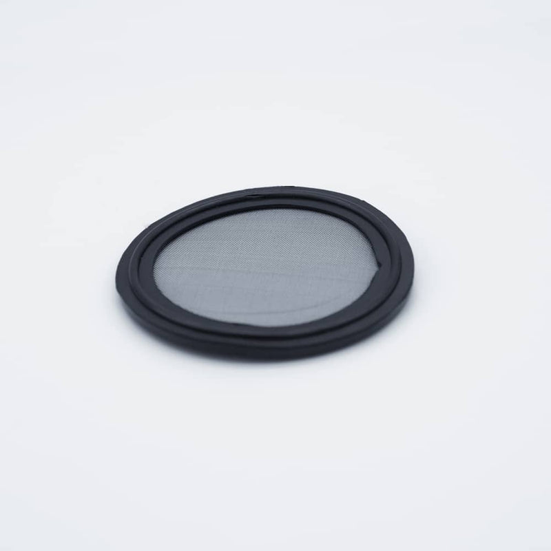 Black EPDM two inch Tri Clamp Gasket with a 80 mesh (177 micron) screen. Angled view to show thickness. Photo Credit: TCfittings.com