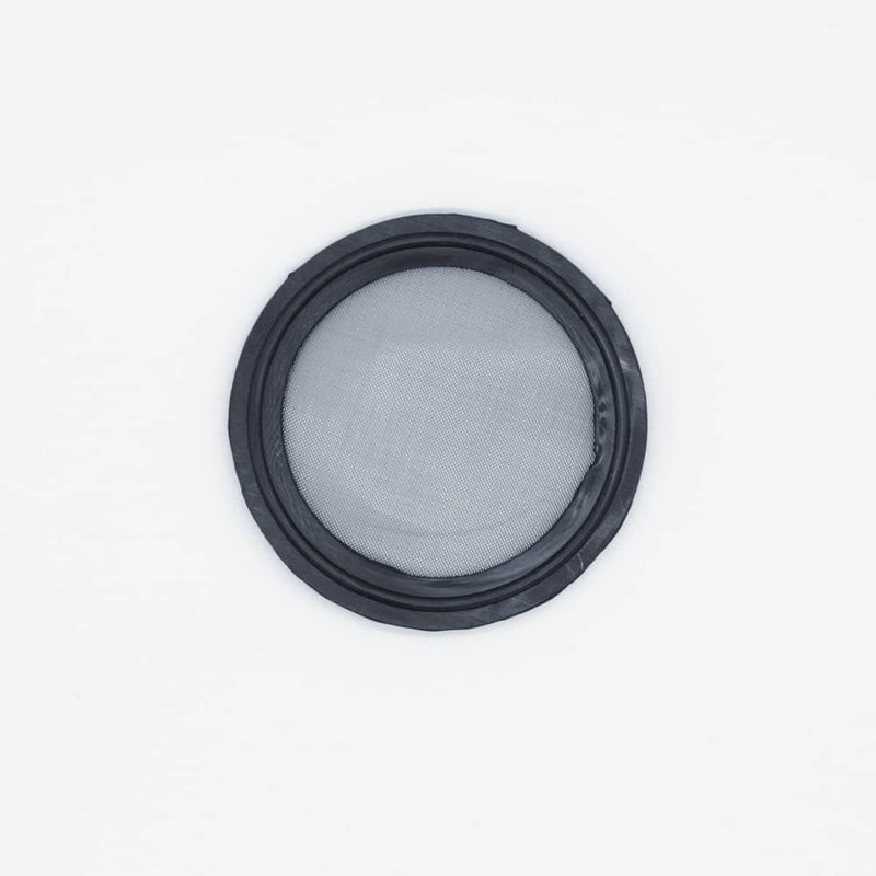Black EPDM two inch Tri Clamp Gasket with a 80 mesh (177 micron) screen. Top view to show mesh. Photo credit: TCfittings.com.