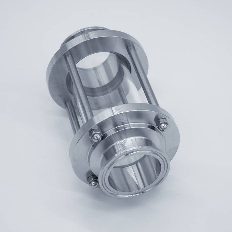 304 Stainless Steel and Borosilicate Glass tri-clamp compatible Sight Glass. Angled view to show the tri-clamp connections. Photo Credit: TCfittings.com