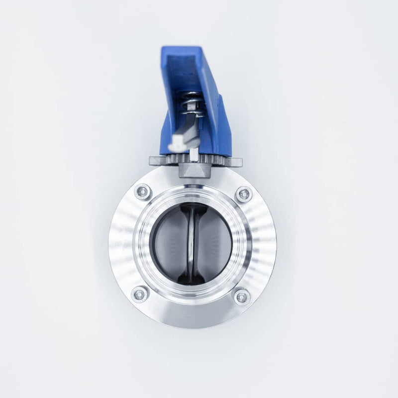 304 Stainless Steel Squeeze Trigger Butterfly Valve with 2 inch Sanitary Tri Clamp Ends. Bottom view. Photo Credit: TCfittings.com
