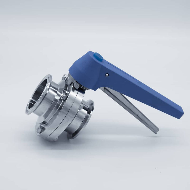 304 Stainless Steel Squeeze Trigger Butterfly Valve with 2 inch Sanitary Tri Clamp Ends. Side view. Photo Credit: TCfittings.com
