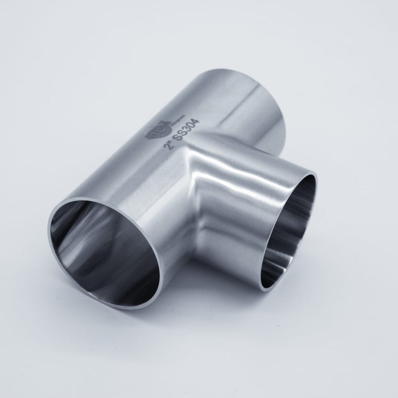304 Stainless Steel 2-inch Weld Tee - to be welded in-line with 2-inch tubing. Angled View. Photo Credit: TCfittings.com