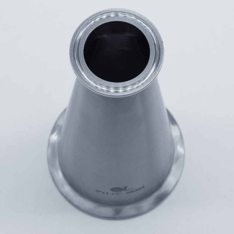 304 Stainless Steel 3 inch to 1.5 inch Concentric Reducer. Top angled view. Photo Credit: TCfittings.com