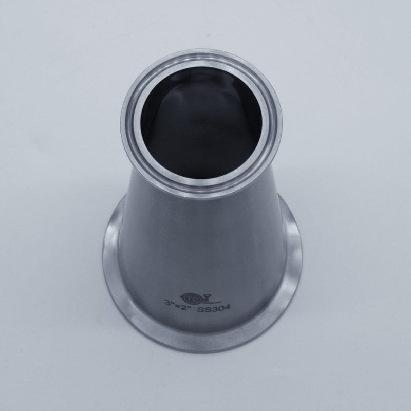 304 Stainless Steel 3 inch to 2 inch Eccentric Reducer. Top angled view. Photo Credit: TCfittings.com