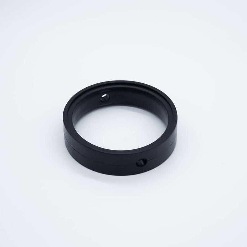 Black EPDM seat replacement seal for a four inch butterfly valve. Angled to display the band width. Photo credit: TCfittings.com.