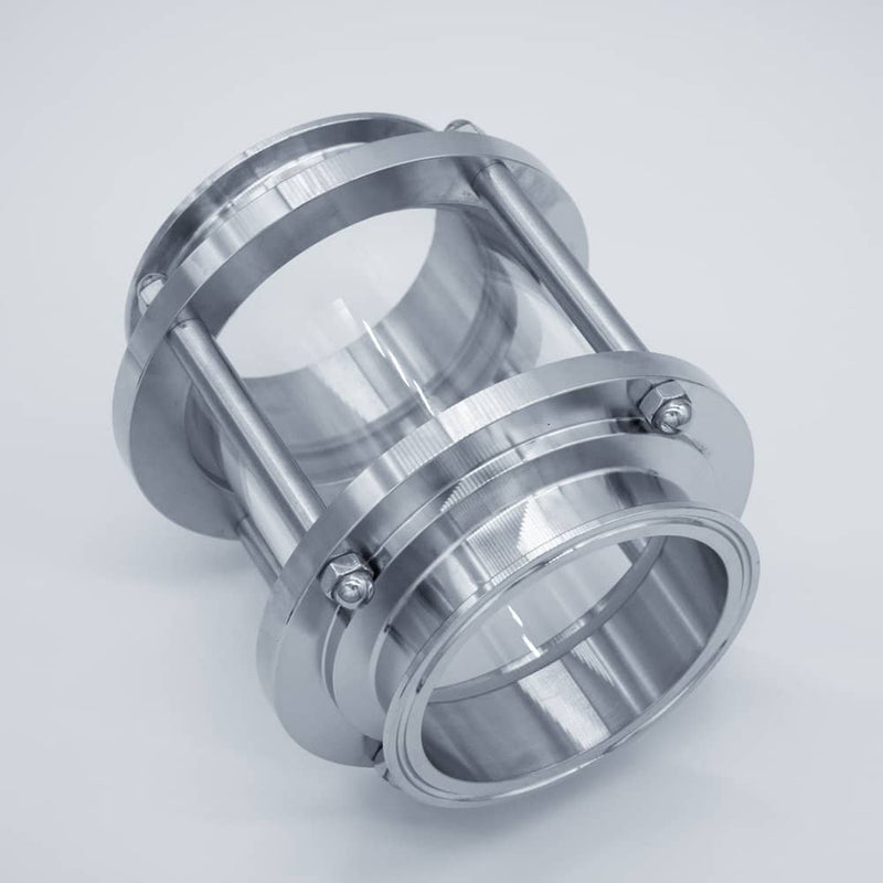 304 Stainless Steel and Borosilicate Glass tri-clamp compatible Sight Glass. Angled view to show the tri-clamp connections. Photo Credit: TCfittings.com