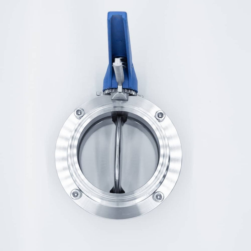 304 Stainless Steel Squeeze Trigger Butterfly Valve with 4 inch Sanitary Tri Clamp Ends. Bottom view. Photo Credit: TCfittings.com