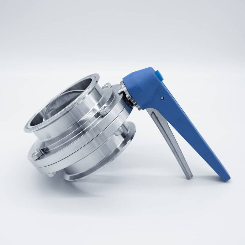 304 Stainless Steel Squeeze Trigger Butterfly Valve with 4 inch Sanitary Tri Clamp Ends. Side view. Photo Credit: TCfittings.com