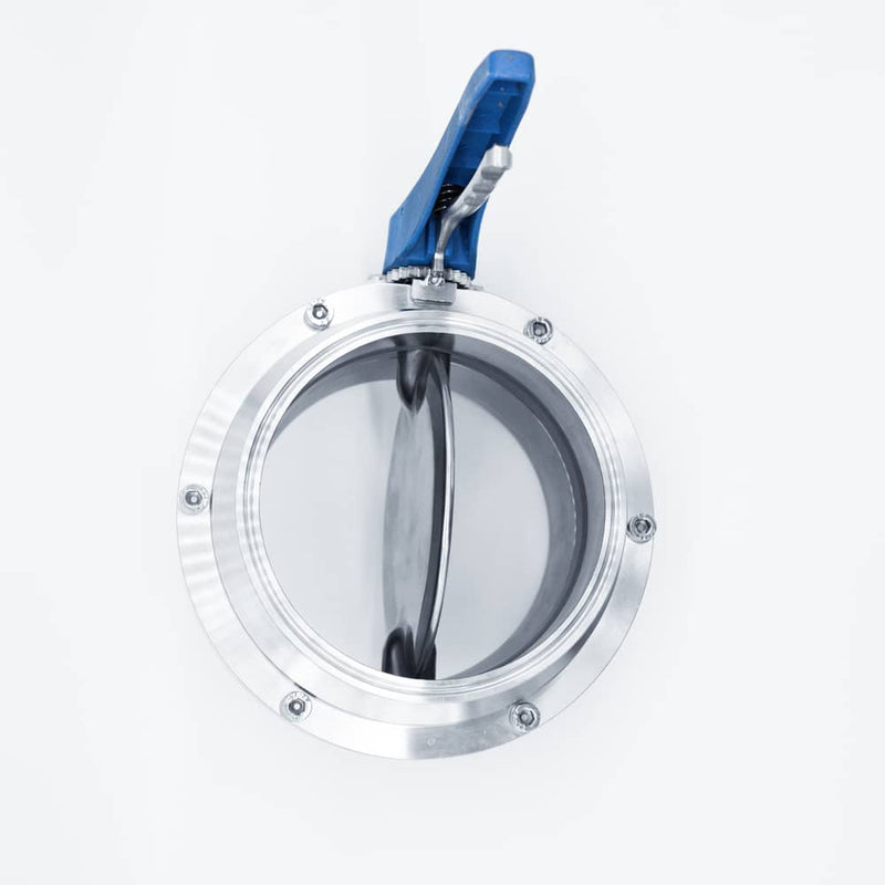 304 Stainless Steel Squeeze Trigger Butterfly Valve with 6 inch Sanitary Tri Clamp Ends. Bottom view. Photo Credit: TCfittings.com