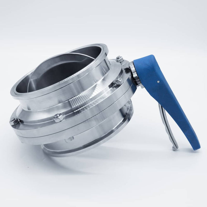 304 Stainless Steel Squeeze Trigger Butterfly Valve with 6 inch Sanitary Tri Clamp Ends. Side view. Photo Credit: TCfittings.com