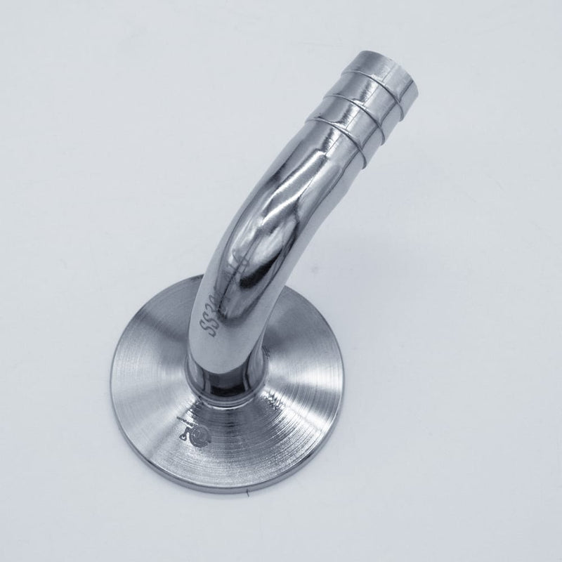 1.5-inch Tri-Clamp x 5/8-inch Hose Barb adapter with 90-degree bend. Top View. Photo Credit: TCfittings.com