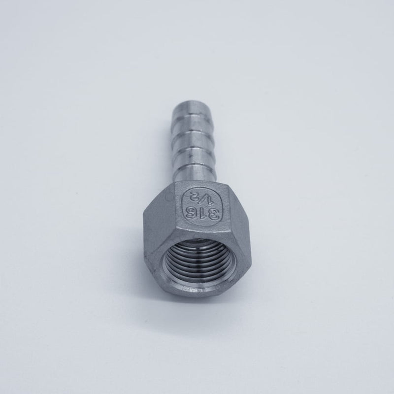 304 Stainless Steel half inch Female NPT to half inch Hose Barb. Angled to show the threads. Photo credit: TCfittings.com.
