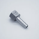 304 Stainless Steel half inch Female NPT to half inch Hose Barb. Angled to show the hose barb. Photo credit: TCfittings.com.