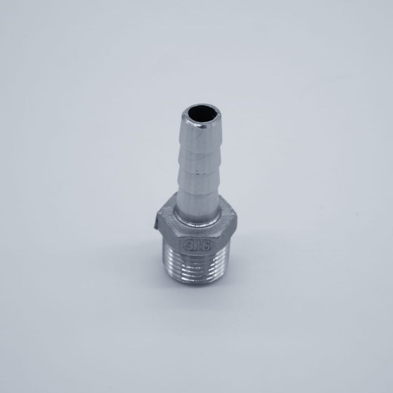 316 Stainless Steel 1/2-inch Male NPT to 1/2-inch Hose Barb Adapter. Side profile. Photo Credit: TCfittings.com