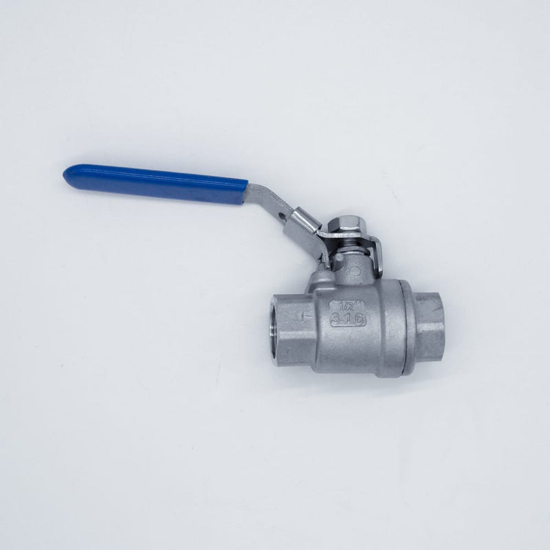 304 Stainless Steel 1/2-inch ball valve with Female NPT connections. Main view. Photo credit: TCfittings.com.