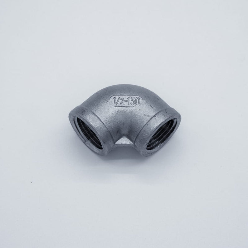 304 Stainless Steel 1/2-inch Female NPT to 1/2-inch Female NPT 90-degree elbow. Angled view to show threads. Photo credit: TCfittings.com.